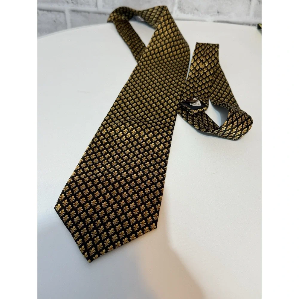 Enzo Felini All Silk Necktie Black Gold Fleur-de-Lis Made in France Vintage
